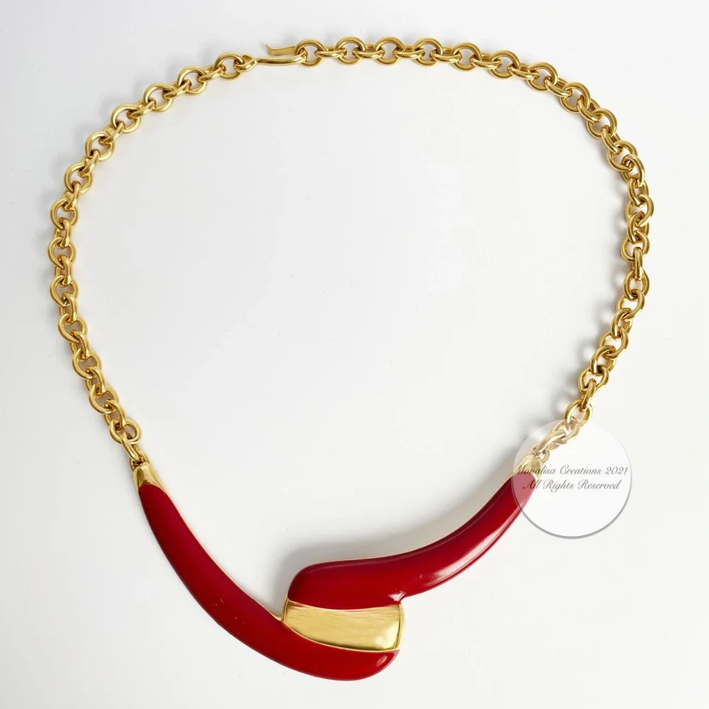 Monet Necklace Gold Metal & Red Enamel Abstract Vintage 80s